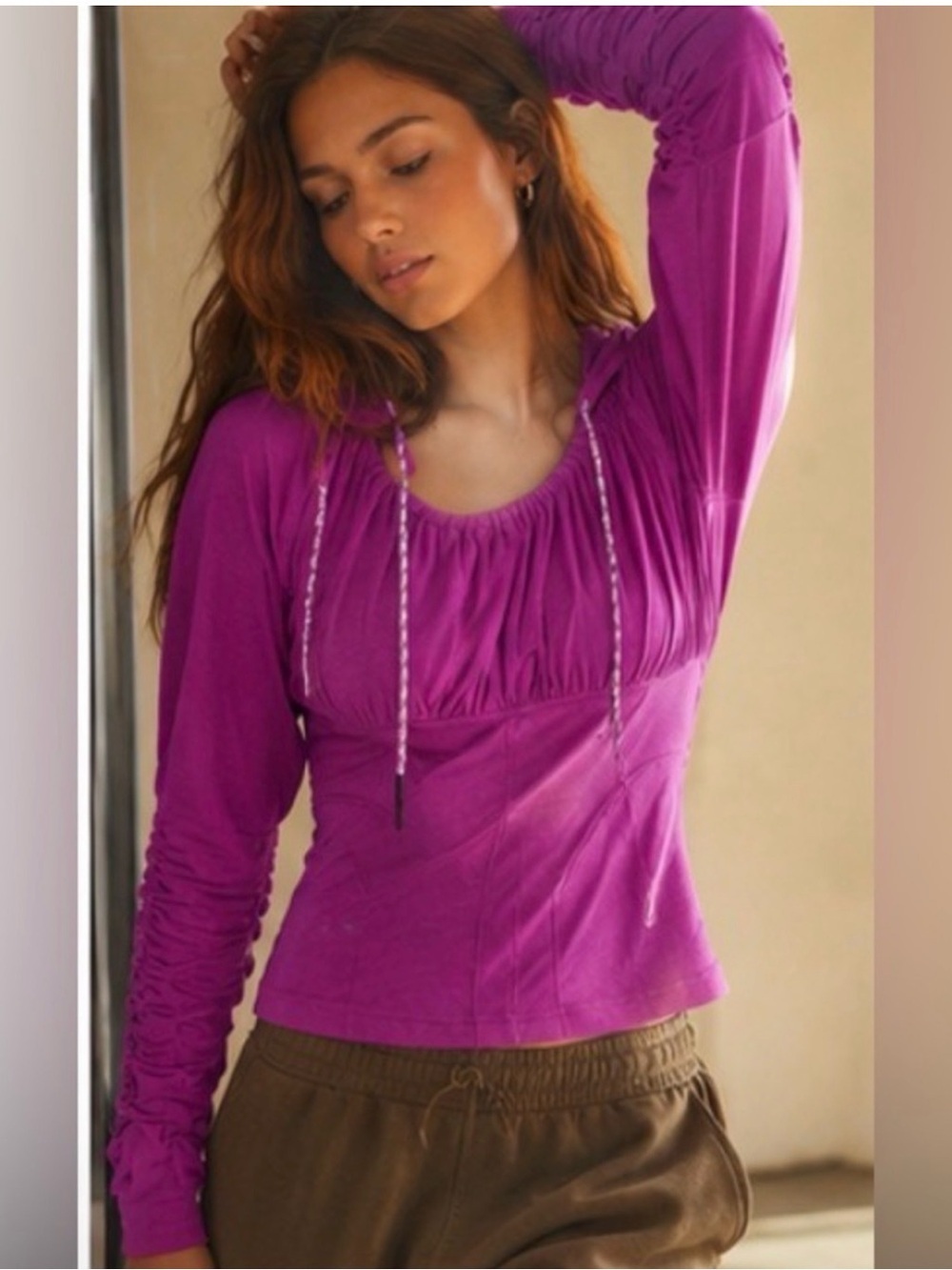 FP Movement Ruched Sleeve Hooded Corset Top XS Magenta Berry Pullover NWOT